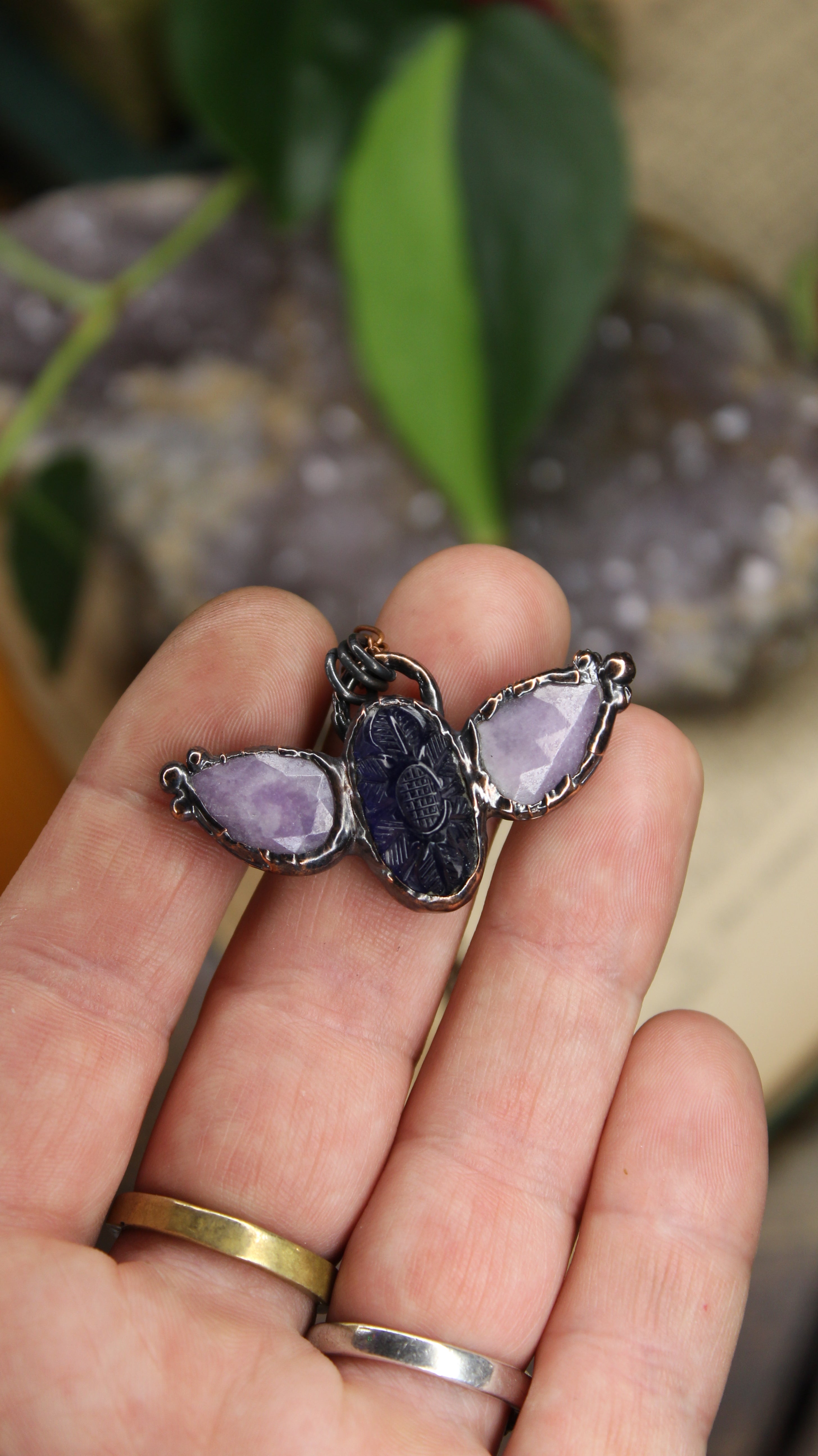 Carved Iolite & Lepidolite Necklace