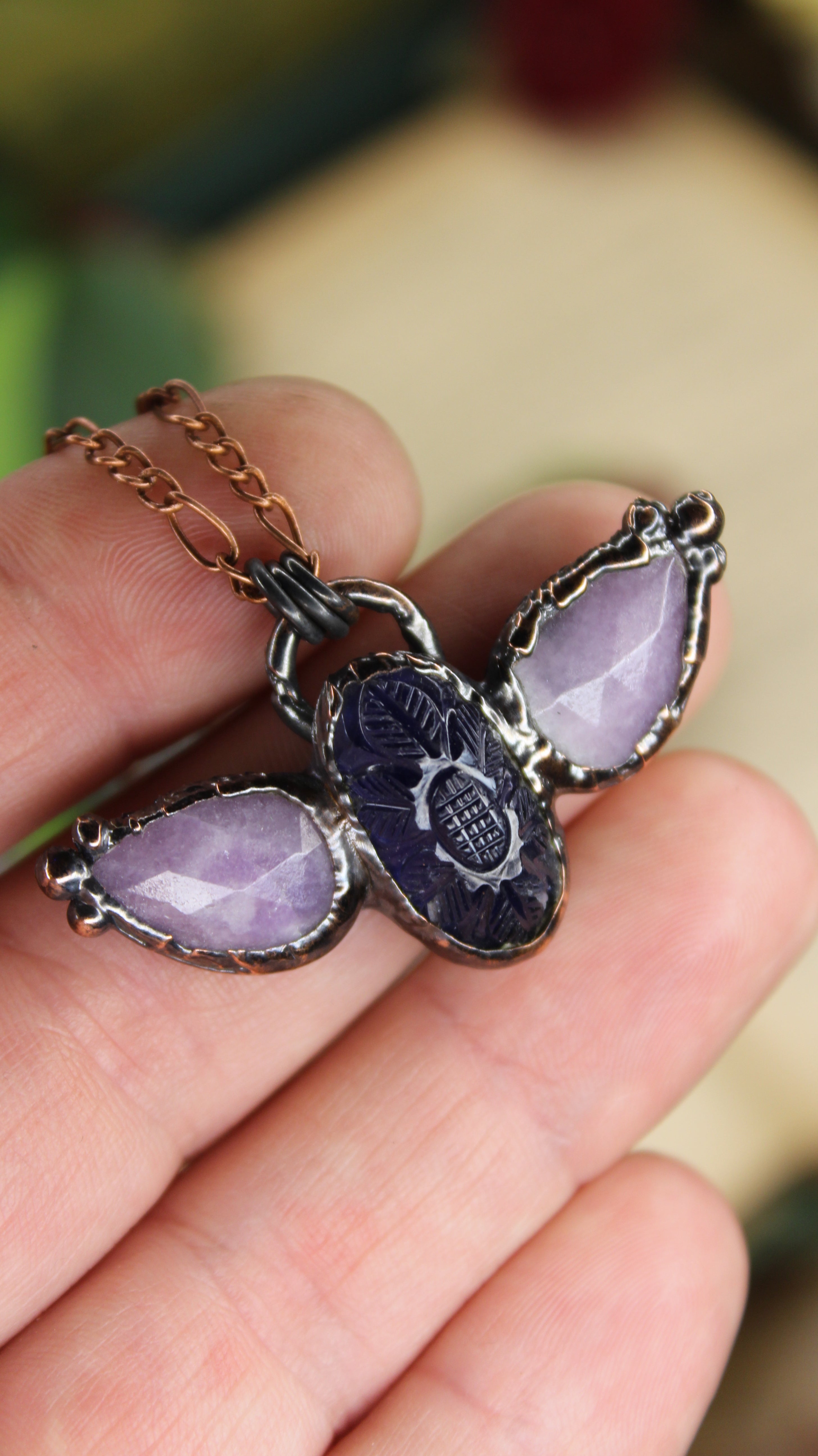 Carved Iolite & Lepidolite Necklace